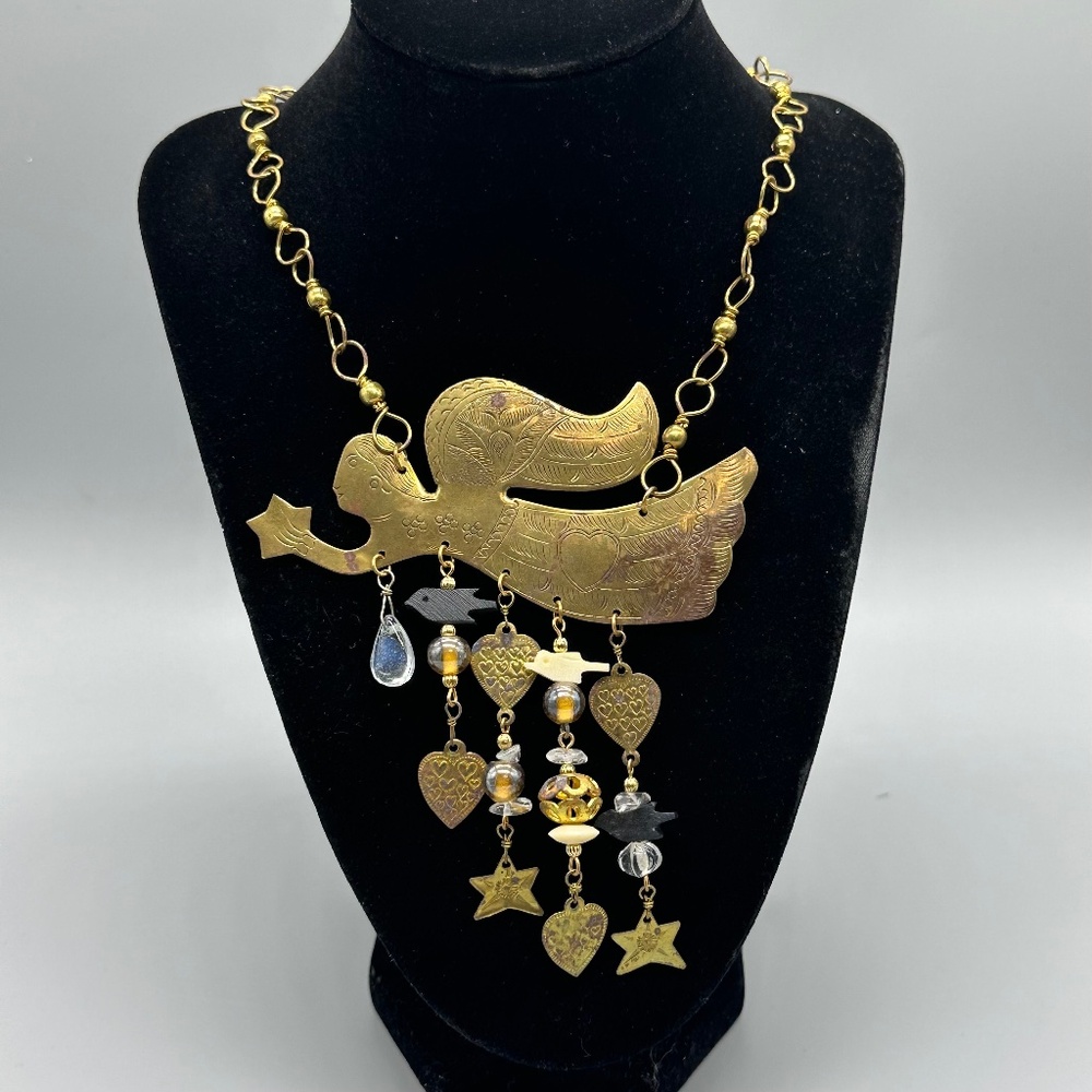 Vintage Stamped Brass Beaded Angel with Stars Hearts Pendant Necklace Statement